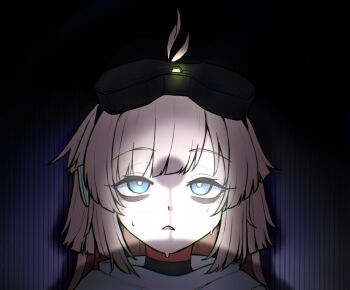 1girl aa-12_(girls&#039;_frontline) antenna_hair bags_under_eyes black_background blonde_hair blue_eyes bright_pupils commentary_request girls&#039;_frontline girls&#039;_frontline_2:_exilium head-mounted_display ichinoyalab lind_(girls&#039;_frontline_2) long_hair open_mouth portrait purple_background shadow simple_background solo sweat white_pupils