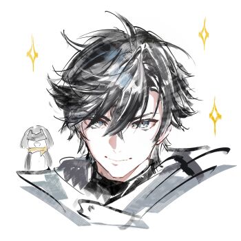 Rule 34 | 1boy, 1girl, arknights, arknights: endfield, black hair, black shirt, blue eyes, closed mouth, commentary request, cropped shoulders, dual persona, endministrator (arknights), female endministrator (arknights), highres, hyde (tabakko), male endministrator (arknights), male focus, mask, open mouth, parted bangs, shirt, simple background, smile, solo focus, sparkle, unfinished, white background