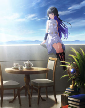 1girl absurdres black_hair boots chair commentary_request cup dress highres key_visual long_hair looking_to_the_side noumi_chika official_art outdoors promotional_art purple_eyes sitting table teacup textless_version tinasha_(unnamed_memory) unnamed_memory white_dress wide_shot