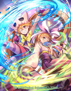 2girls anne_(wixoss) bow closed_mouth eldora_(wixoss) hair_bow hakama hand_fan hokuyuu holding holding_fan japanese_clothes kimono long_hair looking_at_viewer multiple_girls official_art one_eye_closed orange_hair pink_kimono pink_shirt pink_skirt purple_eyes purple_hakama shirt skirt smile striped_clothes striped_thighhighs thighhighs twintails very_long_hair white_bow wixoss