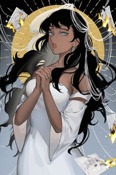 1girl 9dkr99 absurdres black_hair blue_eyes burning commentary dark-skinned_female dark_skin dress dungeon_meshi genderswap genderswap_(mtf) gradient_background grey_background highres kabru long_hair looking_at_viewer off-shoulder_dress off_shoulder open_mouth own_hands_together photo_(object) praying solo upper_body white_dress