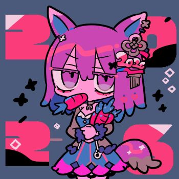 1girl 2026 animal_ears bare_shoulders blue_dress brown_jacket carrot chibi chibi_only colored_eyelashes commentary dress food_in_mouth hair_ornament highres holding holding_carrot horse_ears horse_girl horse_tail jacket jitome mole mole_under_eye open_clothes open_jacket original pink_eyes pink_hair pink_tail short_hair solo symbol-only_commentary tail terada_tera