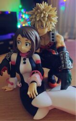 1boy 1girl bakugou_katsuki blonde_hair bodysuit boku_no_hero_academia breasts brown_eyes brown_hair dimples figure gloves highres medium_breasts muscular muscular_male pectoral_cleavage pectorals red_eyes squatting uraraka_ochako