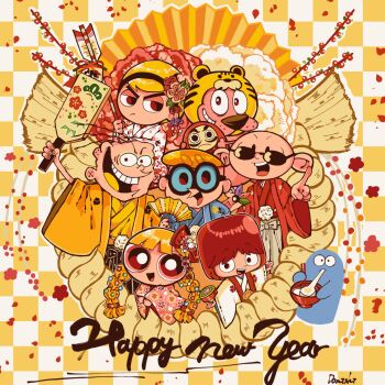 2girls 6+boys blonde_hair blooregard_q_kazoo blossom_(ppg) blunt_bangs bow braid brown_hair cartoon_network checkered_background chopsticks codename:_kids_next_door courage_(character) courage_the_cowardly_dog creature crossover danishi dexter&#039;s_laboratory dexter_(dexter&#039;s_laboratory) eating ed_edd_n_eddy english_text floral_print folding_fan food foster&#039;s_home_for_imaginary_friends full_body glasses hand_fan happy_new_year highres japanese_clothes kimono looking_over_eyewear mac_(foster&#039;s) mandy_(grim_adventures) mochi multiple_boys multiple_girls new_year non-web_source numbuh_1 pantyhose paper_fan pink_eyes powerpuff_girls signature simple_background smile standing sunglasses tagme the_grim_adventures_of_billy_&amp;_mandy twin_braids wide_sleeves