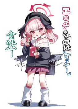 1girl absurdres afterimage bag beret black_hat black_shoes blue_archive blush bra_strap cardigan collarbone feathered_wings full_body halo hat head_wings highres koharu_(blue_archive) leg_warmers long_hair long_sleeves looking_at_viewer low_wings miniskirt motion_lines open_mouth pink_eyes pink_hair pleated_skirt sak_(lemondisk) school_bag shoes skirt sleeves_past_wrists solo standing teeth thumbs_up translation_request twintails upper_teeth_only v-shaped_eyebrows wings
