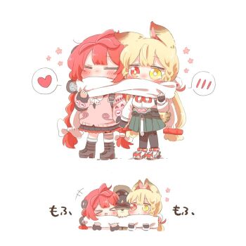 &gt;_&lt; +++ 2girls :3 :d alice_thymefield animal_ears black_boots black_gloves black_pantyhose black_skirt blonde_hair blush boots bow bowtie bright_pupils chibi chibi_only closed_eyes closed_mouth commentary_request cropped_torso fingerless_gloves full_body gloves green_skirt hair_ornament heterochromia kamanosuke_(zenless_zone_zero) long_hair long_sleeves low_twintails multiple_girls open_mouth pantyhose pink_sweater pleated_skirt rabbit_ears rabbit_girl rebecca_(keinelove) red_eyes red_hair scarf shared_clothes shared_scarf shirt simple_background skirt smile sphere_hair_ornament standing sweater twintails ukinami_yuzuha white_background white_bow white_bowtie white_pupils white_scarf white_shirt x3 xd yellow_eyes zenless_zone_zero