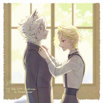2boys adjusting_another&#039;s_clothes alternate_costume animal_ears black_bow black_bowtie black_suit blonde_hair blush body_fur border bow bowtie buon_zzz colored_tips commentary english_commentary english_text formal_clothes from_side furry furry_male highres hugo_vlad indoors looking_at_another male_focus mole mole_under_eye multicolored_hair multiple_boys open_mouth overalls pointy_ears red_eyes shirt shirt_tucked_in short_hair signature suit tail von_lycaon white_border white_fur white_hair white_shirt window wolf_boy wolf_ears wolf_tail yaoi zenless_zone_zero