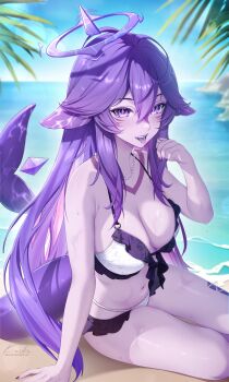1girl :p aikoparkim artist_name beach bikini breasts cloud colored_inner_hair colored_skin day facial_mark fins fish_tail hair_between_eyes halo highres indie_virtual_youtuber large_breasts long_hair looking_at_viewer megalodon_(vtuber) multi-strapped_bikini_bottom multicolored_bikini multicolored_hair ocean outdoors palm_tree pink_hair purple_eyes purple_hair purple_halo purple_nails purple_skin shark_girl shark_tail sharp_teeth sitting sky solo swimsuit tail teeth thighs tongue tongue_out tree two-tone_bikini very_long_hair virtual_youtuber water white_bikini yokozuwari