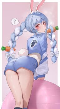 1girl ? absurdres alternate_costume animal_ears ass ball blue_hair blue_jacket blue_shorts blue_socks blush bow braid carrot_hair_ornament clothing_cutout commentary_request cropped_jacket exercise_ball extra_ears food-themed_hair_ornament from_behind hair_bow hair_ornament highres hikimayu hololive jacket kneehighs long_hair long_sleeves looking_at_viewer maison_de_cante multicolored_hair pink_background puffy_long_sleeves puffy_sleeves rabbit-shaped_pupils rabbit_ears rabbit_girl rabbit_tail red_eyes shirt_tucked_in short_eyebrows shorts sidelocks simple_background socks solo spoken_question_mark symbol-shaped_pupils tail tail_through_clothes thick_eyebrows twin_braids two-tone_hair usada_pekora virtual_youtuber white_bow white_hair