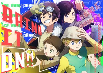 4boys _ blonde_hair blue_eyes digimon digimon_(creature) digimon_adventure_02 goggles goggles_on_head hat hida_iori ichijouji_ken motomiya_daisuke multiple_boys takaishi_takeru