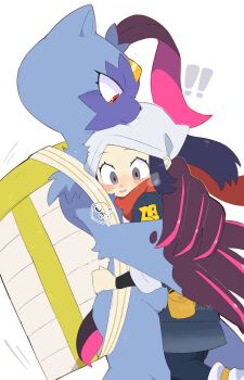 2girls akari_(pokemon) awkward backpack bag blue_fur blush catching claws commentary_request highres hug kiirono multiple_girls nintendo pink_claws pokemon pokemon_(creature) pokemon_legends:_arceus sneasler white_background yuri