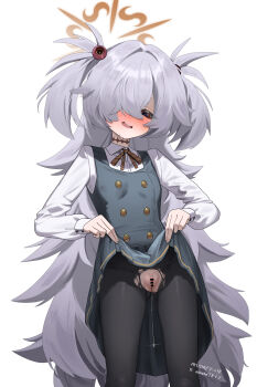1girl absurdres ayuda bar_censor black_pantyhose blue_archive blush brown_eyes buttons censored clothes_lift double-breasted fluffy_hair grey_hair grey_skirt grey_vest hair_over_one_eye halo highres kanoe_(blue_archive) lifting_own_clothes loli long_sleeves looking_at_viewer miniskirt open_mouth pantyhose pussy pussy_juice school_uniform shirt simple_background skirt skirt_lift smile solo torn_clothes torn_pantyhose two_side_up vest white_background white_shirt
