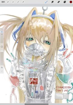 1girl apron aqua_eyes art_program_in_frame blood brown_hair commission covered_mouth cuts english_text guigui_rongrong hair_between_eyes highres injury maid_apron original procreate_(software) self-harm solo upper_body user_interface