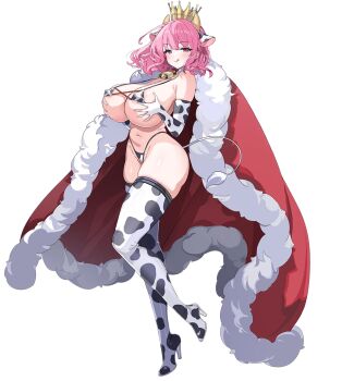 Rule 34 | 1girl, animal print, belsey (lost sword), bikini, breasts, cow girl, cow print, cow print bikini, cow print thighhighs, cow tail, cowbell, crown, full body, game cg, high heels, highres, huge breasts, large breasts, lost sword: tales of britania, official art, pink eyes, pink hair, print bikini, print thighhighs, short hair, swimsuit, tagme, tail, thick thighs, thighhighs, thighs, third-party source
