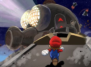 1boy blue_overalls boots brown_boots bullet_bill gloves hat highres mario mario_(series) megaleg nintendo overalls red_hat red_shirt running shirt spotlight super_mario_galaxy white_gloves yamari_(ya_mari_6363)