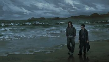 2boys beach black_hair brown_hair coat commentary commission danieljoyniel english_commentary eren_yeager grey_hoodie grey_pants hands_in_pockets highres hood hood_down hoodie levi_(shingeki_no_kyojin) long_coat long_sleeves looking_at_another male_focus medium_hair multiple_boys open_clothes open_coat outdoors overcast pants sand shadow shingeki_no_kyojin shoes shore short_hair sideways_glance sky sneakers waves