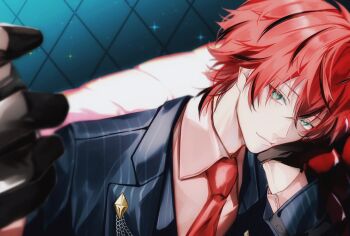 1boy black_gloves black_jacket closed_mouth gloves green_eyes hair_between_eyes head_rest head_tilt highres jacket looking_at_viewer male_focus meteorites_(stpr) multicolored_hair necktie pinstripe_jacket pinstripe_pattern portrait red_hair red_necktie rose_(meteorites) short_hair smile solo streaked_hair ymayma_da