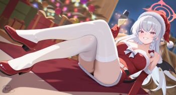 1girl absurdres armpit_crease artist_logo artist_name ass bare_shoulders bell belt blue_archive blush bow braid champagne_flute christmas christmas_lights christmas_ornaments christmas_tree city_lights commentary crossed_legs cup demon_tail demon_wings drink drinking_glass full_body fur_trim gift grin halo hand_up haruna_(blue_archive) hat high_heels highres holding holding_cup holding_drink logo long_hair looking_at_viewer lying night on_back pink_halo red_eyes red_hat red_shoes royalbunny003 santa_costume shoes single_braid smile solo tail thighhighs thighs white_bow white_hair white_thighhighs wings zettai_ryouiki