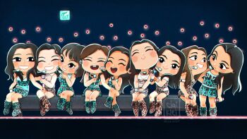 6+girls ^_^ animal_print artist_name bench black_eyes black_hair blue_boots blue_shirt blue_skirt blush boots brown_hair chaeyoung_(twice) chibi claiklei closed_eyes commentary crop_top dahyun_(twice) dated english_commentary everyone highres holding holding_microphone jeongyeon_(twice) jihyo_(twice) k-pop leopard_print logo long_hair microphone mina_(twice) mole mole_under_mouth momo_(twice) multiple_girls nayeon_(twice) parted_lips pink_boots pink_shirt pink_skirt real_life sana_(twice) shirt sitting skirt sleeveless sleeveless_shirt smile stage twice_(group) tzuyu_(twice) watermark
