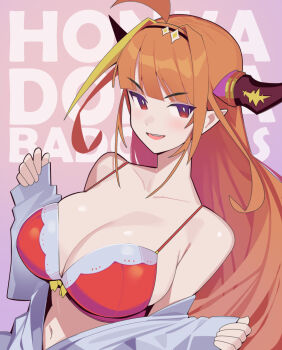 1girl ahoge alternate_costume bare_shoulders blonde_hair blunt_bangs bra breasts bright_pupils cleavage collarbone commentary dismassd dragon_girl dragon_horns gradient_eyes grey_jacket highres hololive horns jacket kiryu_coco large_breasts light_blush long_hair long_sleeves looking_at_viewer multicolored_eyes multicolored_hair navel open_mouth orange_hair partially_unzipped pink_background pointy_ears purple_eyes red_bra sleeves_past_wrists smile solo streaked_hair underwear upper_body virtual_youtuber