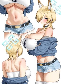 1girl alternate_breast_size_(larger) alternate_costume animal_ear_fluff animal_ears arms_under_breasts bare_shoulders black_choker blonde_hair blue_archive blue_jacket blush breasts choker commentary crossed_arms denim denim_shorts earclip earrings english_commentary extra_ears groin hair_over_one_eye halo highres huge_breasts jacket jacket_partially_removed jewelry kanna_(blue_archive) looking_at_viewer median_furrow medium_hair multiple_views navel navel_piercing one_eye_covered piercing short_shorts shorts shoulder_blades skindentation stomach strapless stud_earrings thighhighs thore_(nathalukpol) tube_top underboob white_thighhighs white_tube_top