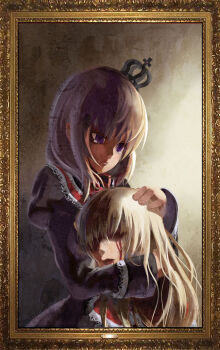 Rule 34 | 2girls, blonde hair, blood, brown hair, crown, closed eyes, framed, highres, long hair, maria (umineko), multiple girls, otaku (artist), painting (object), portrait, severed head, tears, umineko no naku koro ni, ushiromiya maria, ushiromiya rosa
