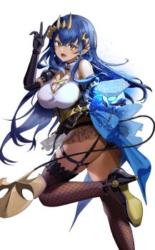 1girl absurdres ass back_ribbon black_panties black_thighhighs blue_hair blue_ribbon breasts brown_horns cleavage commentary_request dark-skinned_female dark_skin demon_girl demon_tail elbow_gloves garter_straps gloves high_heels highres honey_strap horns large_breasts long_hair nanashi_inc. panties partial_commentary pointy_ears ribbon sankyo_(821-scoville) see-through_clothes see-through_skirt shimamura_charlotte skirt tail thighhighs underwear very_long_hair virtual_youtuber yellow_eyes