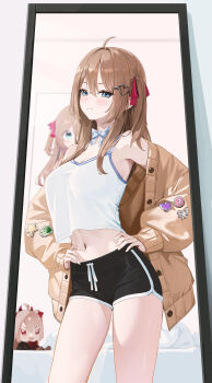 1girl absurdres ahoge badge black_shorts blue_bow blue_bowtie blue_eyes bow bowtie breasts brown_hair button_badge cardigan closed_mouth commentary commission cowboy_shot dolphin_shorts english_commentary evil_neuro-sama fieryonion from_side hair_between_eyes hair_ornament hair_ribbon hands_on_own_hips heart heart_hair_ornament highres indoors large_breasts long_hair navel neuro-sama red_ribbon reflection ribbon shorts smile solo stuffed_toy tank_top two_side_up vedal_ai virtual_youtuber white_tank_top yellow_cardigan