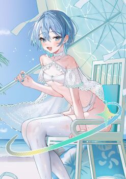 1girl :d beach bikini blue_eyes blue_hair blue_nails breasts chair commentary_request day detached_leggings double-parted_bangs hair_between_eyes highres holding holding_umbrella hololive hoshimachi_suisei leggings lifeguard_chair looking_at_viewer multi-strapped_bikini_bottom on_chair open_mouth outdoors parasol sanada_keisui short_hair sitting small_breasts smile solo swim_ring swimsuit swimsuit_cover-up umbrella virtual_youtuber white_bikini white_leggings