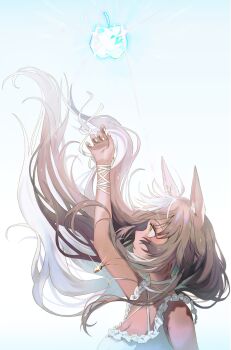 1girl absurdres animal_ears apple breasts brown_eyes brown_hair cleavage closed_mouth commentary commission dress english_commentary floating_hair food fruit highres horse_ears horse_girl indie_virtual_youtuber jewelry large_breasts long_hair mochii necklace second-party_source simple_background skeb_commission sleeveless sleeveless_dress solo tomoe_umari upper_body virtual_youtuber white_background white_dress