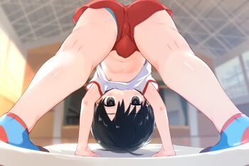 1boy 888kamiki all_fours ass black_eyes black_hair bulge clothes_lift gym gym_shirt gym_shorts gym_uniform highres indoors male_focus navel nipples original shirt shirt_lift short_shorts shorts shota socks solo thighs underwear