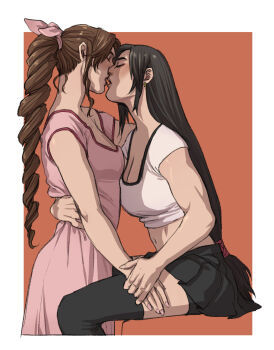 Rule 34 | 2girls, adapted costume, aerith gainsborough, arm around waist, black hair, black thighhighs, blush, border, braid, braided ponytail, breasts, brown hair, cleavage, closed eyes, cowboy shot, crop top, dress, earrings, final fantasy, final fantasy vii, final fantasy vii remake, hair ribbon, hair tie, hand on another's thigh, highres, holding hands, imminent kiss, jewelry, kaciart, large breasts, long hair, low-tied long hair, medium breasts, midriff, miniskirt, multiple girls, navel, orange background, parted bangs, parted lips, pink dress, pink ribbon, pleated skirt, ribbon, shirt, shorts, shorts under skirt, sidelocks, single braid, sitting, skirt, thighhighs, tifa lockhart, white border, white shirt, yuri