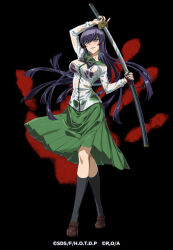 arifureta_shokugyou_de_sekai_saikyou blush bra bra_visible_through_clothes busujima_saeko bad_tag highschool_of_the_dead holding holding_weapon katana naughty_face purple_bra purple_eyes school_uniform see-through_clothes see-through_shirt shirt smile socks sword underwear weapon wet wet_clothes