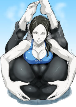 1girl anus ass bare_shoulders barefoot black_hair blue_background breasts brown_hair butcha-u cameltoe cleavage clothes_writing colored_skin contortion covered_erect_nipples exercising feet female_focus flexible folded grabbing_own_ass grey_eyes large_breasts legs_over_head long_hair looking_at_viewer midriff navel nintendo open_mouth pale_skin pants ponytail sitting skin_tight smile soles solo spread_anus spread_anus_under_clothes spread_ass super_smash_bros. sweat tank_top through_clothes tight_clothes tight_pants toes toned toned_female white_skin wii_fit wii_fit_trainer wii_fit_trainer_(female) yoga