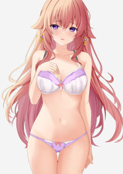 1girl absurdres animal_ears arm_at_side bare_arms bare_shoulders blush bow bow_bra bow_panties bra breast_suppress breasts cleavage collarbone commentary_request cowboy_shot earrings eyelashes fox_ears fox_girl furrowed_brow genshin_impact gluteal_fold grey_background hair_between_eyes hand_up highres jewelry large_breasts long_hair looking_at_viewer navel open_mouth panties pink_bow pink_hair purple_bra purple_eyes purple_panties shamu_(helix) sidelocks simple_background smile solo stomach thigh_gap thighs two-tone_bra underwear underwear_only very_long_hair white_bra yae_miko