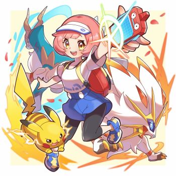 1girl antlers backpack bag bettie_(pokemon) blue_sclera claws cobalion colored_sclera electricity gen_1_pokemon gen_5_pokemon gen_7_pokemon hanamori_mito highres holding holding_phone horns legendary_pokemon nintendo phone pikachu pink_hair pokemon pokemon_(creature) pokemon_masters_ex porygon poryphone signature solgaleo sparkle visor_cap yellow_eyes