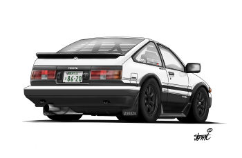 absurdres blue_archive car highres motor_vehicle no_humans shadow signature simple_background tomimon toyota toyota_sprinter_trueno vehicle_focus white_background