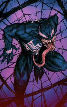 1boy black_bodysuit bodysuit highres jswayart long_tongue looking_at_viewer marvel muscular muscular_male sharp_teeth solo spider-man_(series) symbiote teeth tongue tongue_out veins veiny_arms veiny_legs venom_(marvel) very_long_tongue