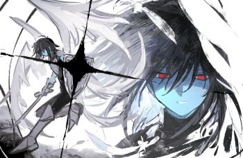 138x562 1other armor armored_boots black_bodysuit blue_skin bodysuit boots breastplate close-up colored_skin deltarune feathered_wings full_body hair_between_eyes half-closed_eyes highres holding holding_shield holding_sword holding_weapon kris_(dark_world)_(deltarune) kris_(deltarune) medium_hair other_focus parted_lips profile red_eyes shield sword teeth utdr_(toby_fox) weapon white_wings wings