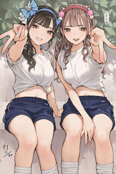 2girls absurdres black_hair blue_hair blue_shorts blush bow breasts brown_eyes brown_hair commentary_request double_bun grin gyaru_v gym_shirt gym_shorts gym_uniform hair_bow hair_bun hair_ornament hairband highres koh_(minagi_kou) long_hair looking_at_viewer medium_breasts midriff multiple_girls navel open_mouth original outstretched_hand pink_hairband shirt short_sleeves shorts sitting smile socks sports_festival tied_shirt v white_shirt white_socks