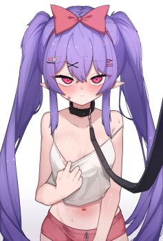 1girl absurdres blush bow camisole camisole_pull closed_mouth clothes_pull collar h.pn hair_bow hair_ornament hairclip highres leash loli long_hair navel original pink_shorts pointy_ears pov pulling_own_clothes purple_hair red_bow red_eyes shorts simple_background smile solo twintails very_long_hair viewer_holding_leash white_background white_camisole