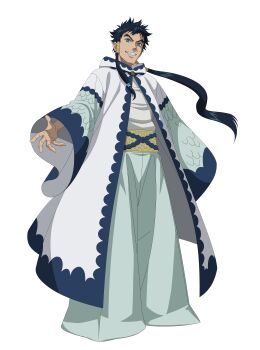 Rule 34 | 1boy, absurdres, baggy pants, black clover, black clover m: rise of the wizard king, blue eyes, blue hair, full body, grey pants, grin, highres, incredibly absurdres, kiato (black clover), long hair, looking at viewer, non-web source, official art, open clothes, open robe, pants, ponytail, robe, shirt, simple background, smile, solo, transparent background, white robe, white shirt