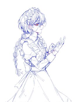 1girl adjusting_clothes adjusting_gloves blue_theme braid commentary cowboy_shot english_commentary from_side gloves grin hair_ornament highres juliet_sleeves katsuragi_izumi link!_like!_love_live! long_sleeves love_live! maid maid_headdress monochrome monocle neck_ribbon official_alternate_costume orange_eyes profile puffy_sleeves ribbon simple_background single_braid smile solo spot_color triangle_hair_ornament virtual_youtuber white_background yrxy_settingsun