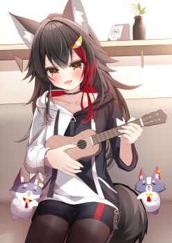 1girl animal_ear_fluff animal_ears black_choker black_hair black_hoodie black_shorts blush choker guitar hair_ornament hairpin highres holding holding_guitar holding_instrument holding_ukulele hololive hood hoodie instrument long_hair looking_at_viewer mascot miofa_(ookami_mio) multicolored_hair official_alternate_costume ookami_mio ookami_mio_(hoodie) open_mouth red_hair shorts smile streaked_hair tail torimuraa two-tone_hoodie ukulele virtual_youtuber white_hoodie wolf_ears wolf_girl wolf_tail yellow_eyes