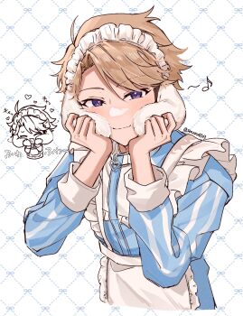 1boy aibii_(senaru0303) apron brown_hair cinnamoroll closed_eyes closed_mouth commentary_request ensemble_stars! hands_up heart highres long_sleeves looking_at_viewer male_focus musical_note narukami_arashi purple_eyes sanrio short_hair smile twitter_username upper_body white_apron zipper_pull_tab
