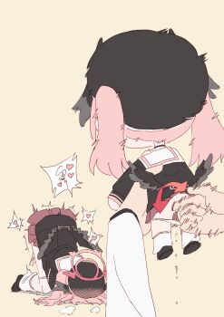 1boy 1girl absurdres anal_fingering beret black_footwear black_headwear black_shirt black_wings blue_archive blush character_doll clothes_lift collarbone doll feathered_wings fingering flat_chest halo hat head_wings highres holding holding_doll kneeling koharu_(blue_archive) loafers long_sleeves loose_socks low_wings medium_hair miniskirt off_shoulder panties panty_pull pee peeing pink_hair pink_halo pink_skirt pleated_skirt rune_(dualhart) sailor_collar sailor_shirt school_uniform sensei_(blue_archive) serafuku shared_sense shirt shoes simple_background single_bare_shoulder skirt skirt_lift sleeves_past_wrists socks speech_bubble top-down_bottom-up twintails underwear voodoo_doll white_panties white_sailor_collar white_socks wings yellow_background