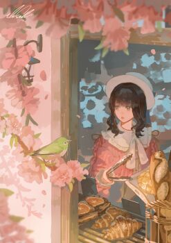 1girl absurdres bird black_hair branch bread commentary_request croissant falling_petals flower food green_eyes hat highres leaf looking_at_object medium_hair original petals pink_flower pink_sweater shigre shop solo standing sweater tree white_hat window
