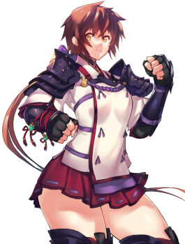 1girl armor black_gloves blush clenched_hands closed_mouth commentary_request contrapposto cowboy_shot fingerless_gloves gloves long_hair looking_at_viewer lora_(xenoblade) miniskirt negresco pauldrons pleated_skirt red_hair red_skirt ribbon-trimmed_skirt ribbon_trim short_hair short_hair_with_long_locks shoulder_armor simple_background skirt smile solo standing tassel thighhighs white_background xenoblade_chronicles_(series) xenoblade_chronicles_2 xenoblade_chronicles_2:_torna_-_the_golden_country yellow_eyes zettai_ryouiki