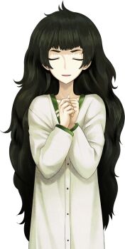 Rule 34 | 1girl, blunt bangs, button dress, closed eyes, collar, collarbone, dress, facing viewer, fingernails, flat chest, game cg, green collar, green hair, green trim, hiyajou maho, huke, large variant set, long hair, messy hair, no jacket, official art, open mouth, own hands together, science adventure, smile, solo, sprite, steins;gate, steins;gate 0, transparent background, variant set, very long hair, white dress