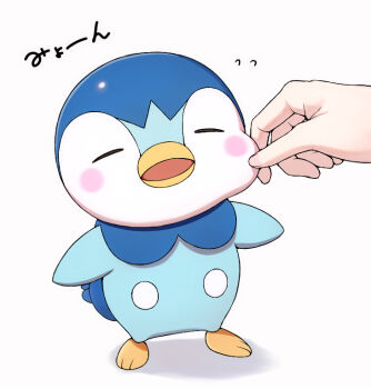 1other blush_stickers cheek_pull closed_eyes commentary_request flying_sweatdrops gen_4_pokemon momiyon nintendo open_mouth piplup pokemon pokemon_(creature) standing translation_request white_background